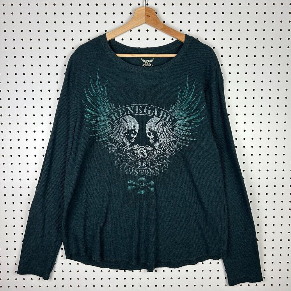 Faded‎ Glory Y2K Thermal Long Sleeve Shirt Size XL BLack Green Goth Skulls Wings